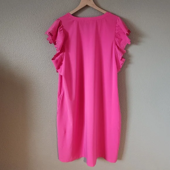 Chico's Dress Size 3 Pink Embroidered Flutter Sleeve Knee Length Sheath - Picture 5 of 10